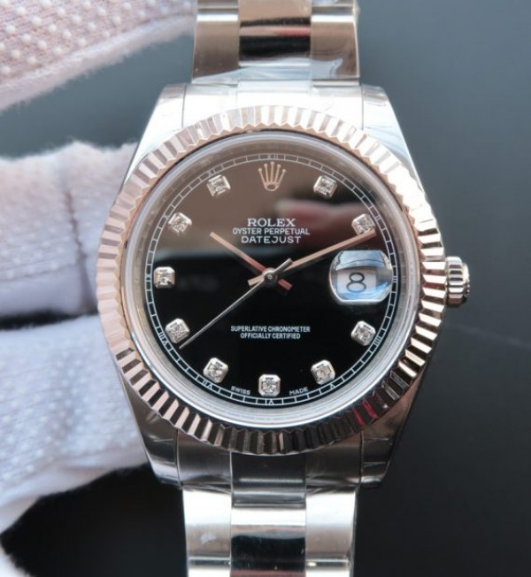 Rolex DateJust 41mm 116334 Fluted Bezel Black Dial Diamonds Markers SS Bracelet A3136