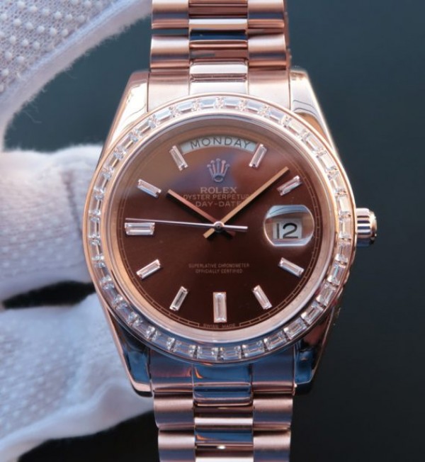 Rolex Day-Date 41mm 218399 RG Brown Dial Diamonds Bezel RG Bracelet A3255