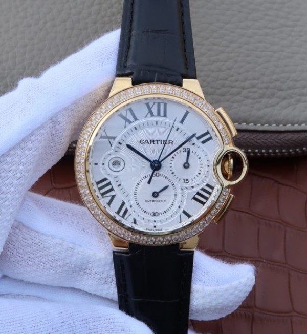 Cartier Ballon Bleu De Cartier Chrono YG White Dial Diamonds Bezel A8101