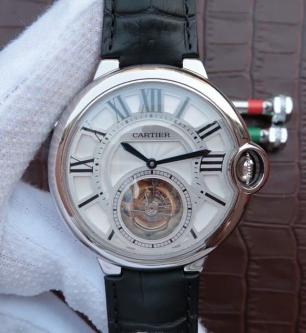 Cartier Ballon Bleu Tourbillon 44mm SS Black Leather Strap