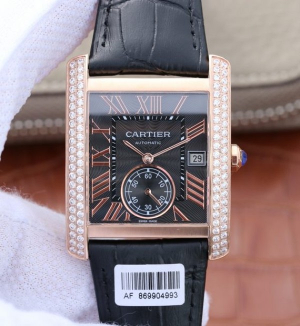 Cartier Tank MC RG Black Textured Dial Diamonds Bezel Leather Strap