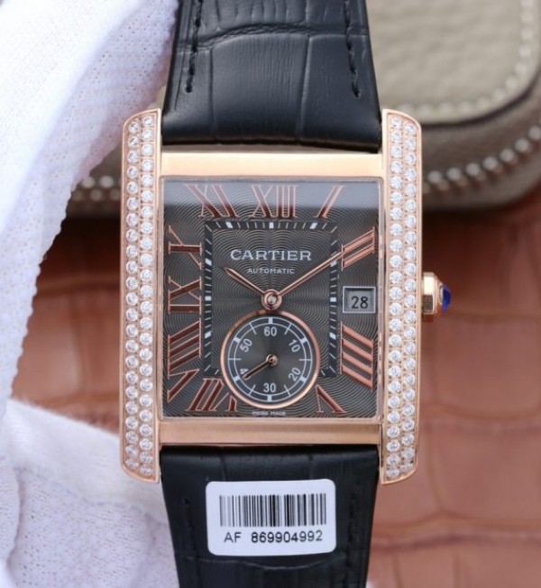 Cartier Tank MC RG Gray Textured Dial Diamonds Bezel Leather Strap